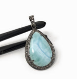 Larimar Pendant, Gemstone Pendant, Silver Pendant, Natural Larimar, Diamond Pendant, Pave Diamond Pendant, Sterling Silver Pendant, DIY