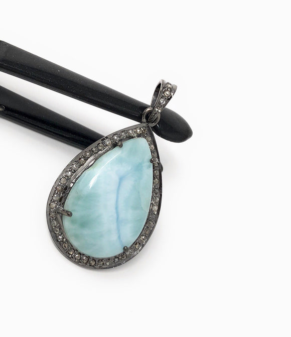Larimar Pendant, Gemstone Pendant, Silver Pendant, Natural Larimar, Diamond Pendant, Pave Diamond Pendant, Sterling Silver Pendant, DIY