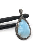 Larimar Pendant, Gemstone Pendant, Silver Pendant, Natural Larimar, Diamond Pendant, Pave Diamond Pendant, Sterling Silver Pendant, DIY