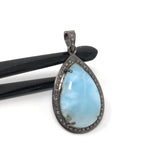 Larimar Pendant, Gemstone Pendant, Silver Pendant, Natural Larimar, Diamond Pendant, Pave Diamond Pendant, Sterling Silver Pendant, DIY