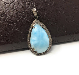 Larimar Pendant, Gemstone Pendant, Silver Pendant, Natural Larimar, Diamond Pendant, Pave Diamond Pendant, Sterling Silver Pendant, DIY
