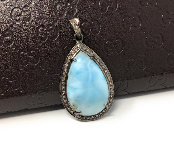 Larimar Pendant, Gemstone Pendant, Silver Pendant, Natural Larimar, Diamond Pendant, Pave Diamond Pendant, Sterling Silver Pendant, DIY