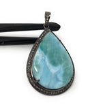 Larimar Pendant, Gemstone Pendant, Silver Pendant, Natural Larimar, Diamond Pendant, Pave Diamond Pendant, Sterling Silver Pendant, DIY