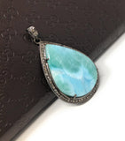 Larimar Pendant, Gemstone Pendant, Silver Pendant, Natural Larimar, Diamond Pendant, Pave Diamond Pendant, Sterling Silver Pendant, DIY