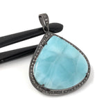 Larimar Pendant, Gemstone Pendant, Silver Pendant, Natural Larimar, Diamond Pendant, Pave Diamond Pendant, Sterling Silver Pendant, DIY