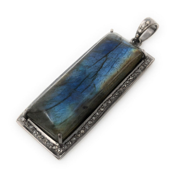 Labradorite Pendant, Gemstone Pendant, Diamond Pendant, Silver Pendant, Natural Labradorite, Pave Pendant, Oxidized Sterling Silver Pendant