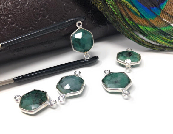 Natural Emerald Gemstone Connector, Sterling Silver Connectors, Wholesale Jewelry Findings for Jewelry Making, Jewelry Supplies, 19.5mmx12mm