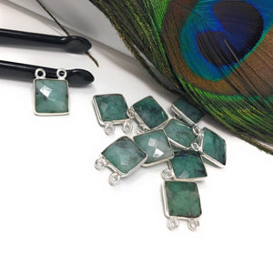 Natural Emerald Gemstone Connector, Sterling Silver Connectors, Jewelry Findings for Jewelry Making, Jewelry Supplies, 14x11mm - 15x11.5mm