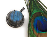 Natural Labradorite Gemstone Pendant, Sterling Silver Pave Diamond Fine Jewelry, Oxidized Silver Pendant, Gifts for Her