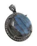 Natural Labradorite Gemstone Pendant, Sterling Silver Pave Diamond Fine Jewelry, Oxidized Silver Pendant, Gifts for Her