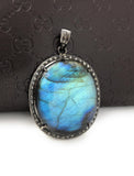 Labradorite Pendant, Gemstone Pendant, Diamond Pendant, Silver Pendant, Pave Diamond Pendant, Oxidized Silver Pendant, Gifts for Her