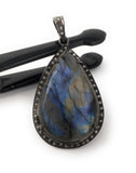 Labradorite Pendant, Gemstone Pendant, Diamond Pendant, Silver Pendant, Pave Diamond Pendant, Oxidized Silver Pendant, Gifts for Her