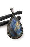 Labradorite Pendant, Gemstone Pendant, Diamond Pendant, Silver Pendant, Pave Diamond Pendant, Oxidized Silver Pendant, Gifts for Her
