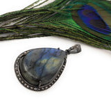 Labradorite Pendant, Gemstone Pendant, Diamond Pendant, Silver Pendant, Pave Diamond Pendant, Oxidized Silver Pendant, Gifts for Her