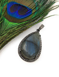 Labradorite Pendant, Gemstone Pendant, Diamond Pendant, Silver Pendant, Pave Diamond Pendant, Oxidized Silver Pendant, Gifts for Her