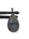 Labradorite Pendant, Gemstone Pendant, Diamond Pendant, Silver Pendant, Pave Diamond Pendant, Oxidized Silver Pendant, Gifts for Her