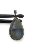Labradorite Pendant, Gemstone Pendant, Diamond Pendant, Silver Pendant, Pave Diamond Pendant, Oxidized Silver Pendant, Gifts for Her