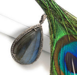 Labradorite Pendant, Gemstone Pendant, Diamond Pendant, Silver Pendant, Pave Diamond Pendant, Oxidized Silver Pendant, Gifts for Her