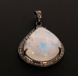 Moonstone Pendant, Gemstone Pendant, Diamond Pendant, Silver Pendant, Pave Diamond Pendant, Oxidized Silver Rainbow Moonstone Pendant