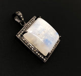 Moonstone Pendant, Gemstone Pendant, Diamond Pendant, Silver Pendant, Pave Diamond Pendant, Oxidized Silver Rainbow Moonstone Pendant