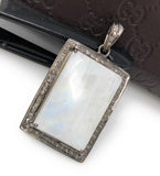 Moonstone Pendant, Gemstone Pendant, Diamond Pendant, Silver Pendant, Pave Diamond Pendant, Oxidized Silver Rainbow Moonstone Pendant