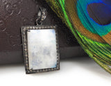 Natural Rainbow Moonstone Diamond Pendant, Oxidized Sterling Silver Pave Pendant, Wholesale Price Genuine Gemstone Pendant for DIY Jewelry