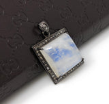 Moonstone Pendant, Gemstone Pendant, Diamond Pendant, Silver Pendant, Pave Diamond Pendant, Oxidized Silver Rainbow Moonstone Pendant