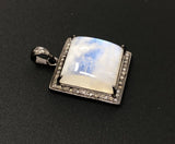 Moonstone Pendant, Gemstone Pendant, Diamond Pendant, Silver Pendant, Pave Diamond Pendant, Oxidized Silver Rainbow Moonstone Pendant