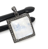 Moonstone Pendant, Gemstone Pendant, Diamond Pendant, Silver Pendant, Pave Diamond Pendant, Oxidized Silver Rainbow Moonstone Pendant