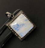 Moonstone Pendant, Gemstone Pendant, Diamond Pendant, Silver Pendant, Pave Diamond Pendant, Oxidized Silver Rainbow Moonstone Pendant