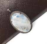Moonstone Pendant, Gemstone Pendant, Diamond Pendant, Silver Pendant, Pave Diamond Pendant, Oxidized Silver Rainbow Moonstone Pendant