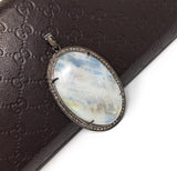Moonstone Pendant, Gemstone Pendant, Diamond Pendant, Silver Pendant, Pave Diamond Pendant, Oxidized Silver Rainbow Moonstone Pendant