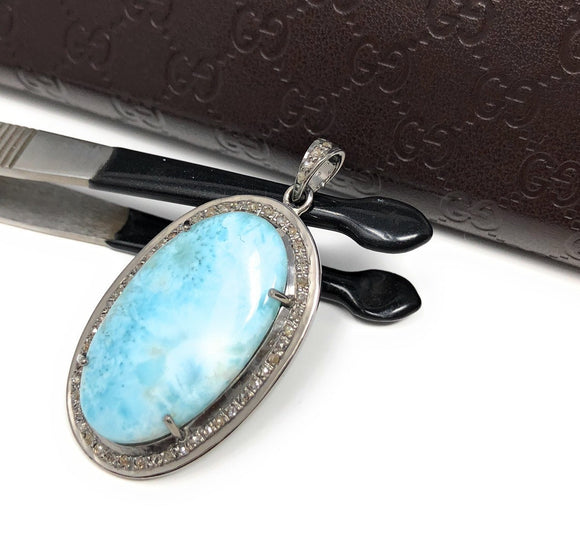 Larimar Pendant, Gemstone Pendant, Silver Pendant, Natural Larimar, Diamond Pendant, Pave Diamond Pendant, Sterling Silver Pendant, DIY