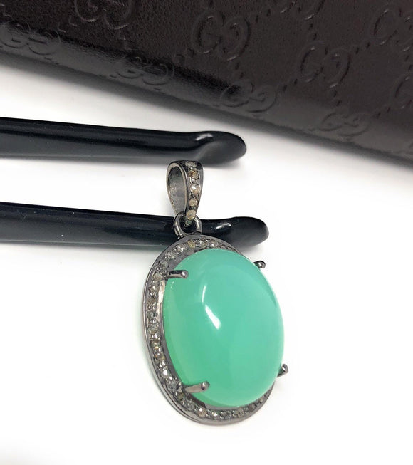 Chrysoprase Pendant, Gemstone Pendant, Silver Pendant, Chrysoprase Diamond Pendant, Pave Diamond Pendant, Sterling Silver Pendant