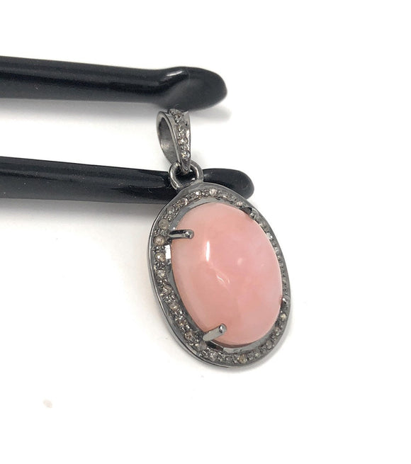 Pink Opal Pendant, Gemstone Pendant, Silver Pendant, Pink Opal Diamond Pendant, Pave Diamond Pendant, Sterling Silver Pendant, DIY Pendant