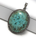 Silver Turquoise Pave Diamond Pendant, Tibetan Turquoise Gemstone Jewelry, Chakra Healing December Birthstone Pendant, Spiritual Jewelry