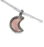 Strawberry Quartz Gemstone Pendant, Moon Crescent Diamond Pendant: Silver, Spiritual Healing Crystal Pendant, Heart Chakra Jewelry
