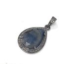 Natural Blue Sapphire Pave Diamond Pendant, Silver Pendant, Spiritual Healing Chakra Gemstone Jewelry, September Birthstone Crystal Pendant
