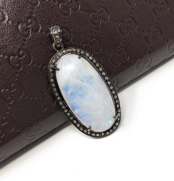 Rainbow Moonstone Gemstone Pendant, Oxidized Sterling Silver Diamond Pendant, Pave Diamond Jewelry, Wholesale Gemstone Pendant
