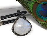 Rainbow Moonstone Gemstone Pendant, Oxidized Sterling Silver Diamond Pendant, Pave Diamond Jewelry, Wholesale Gemstone Pendant