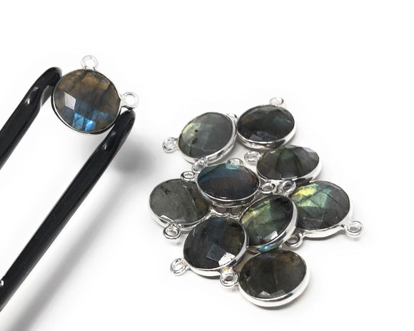 6 Pcs Labradorite Gemstone Connector, Sterling Silver Double Bail Connector Charms , 14x12mm