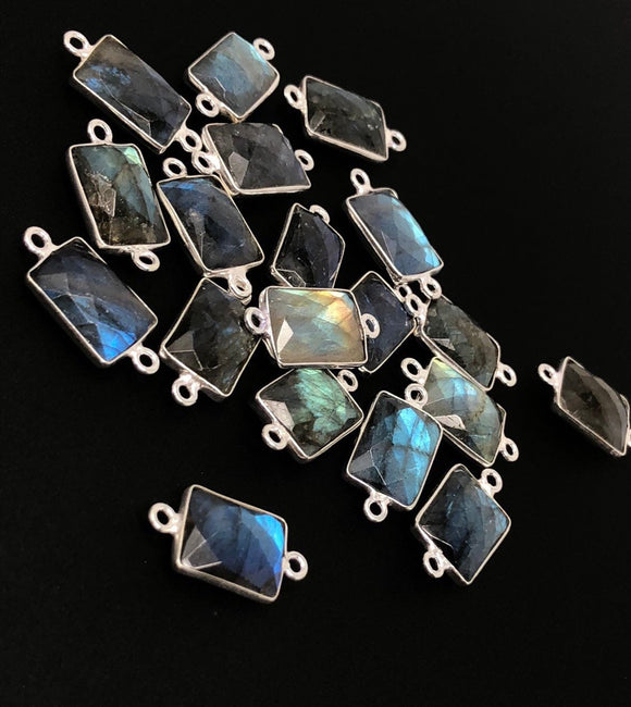 4 Pcs Labradorite Gemstone Connector, Sterling Silver Connectors, Wholesale Jewelry Findings for Jewelry Making, 19.5x9.5mm