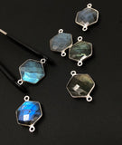 Labradorite Gemstone Sterling Silver Connectors, Hexagon Shape Double Bail Connectors, Jewelry Findings for Jewelry Making, 23x15mm
