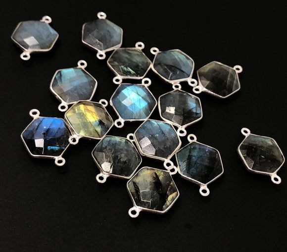 Labradorite Gemstone Sterling Silver Connectors, Hexagon Shape Double Bail Connectors, Jewelry Findings for Jewelry Making, 23x15mm