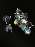 9 Pcs Labradorite Gemstone Sterling Silver Connectors, Hexagon Shape Double Bail Connectors for Jewelry Making, 16.5x15mm