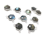 5Pcs Labradorite Gemstone Sterling Silver Connectors, Hexagon Shape Double Bail Connectors Charms for DIY Jewelry Making, 13x12mm