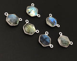 5Pcs Labradorite Gemstone Sterling Silver Connectors, Hexagon Shape Double Bail Connectors Charms for DIY Jewelry Making, 13x12mm