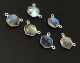 5Pcs Labradorite Gemstone Sterling Silver Connectors, Hexagon Shape Double Bail Connectors Charms for DIY Jewelry Making, 13x12mm