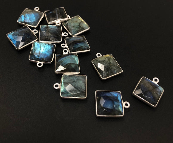 8Pcs / 10 Pcs Labradorite Gemstone Charms, Sterling Silver Briolette Charms , Wholesale Jewelry Supplies, 14.5mm x 11mm
