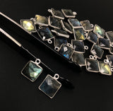 8Pcs / 10 Pcs Labradorite Gemstone Charms, Sterling Silver Briolette Charms , Wholesale Jewelry Supplies, 14.5mm x 11mm